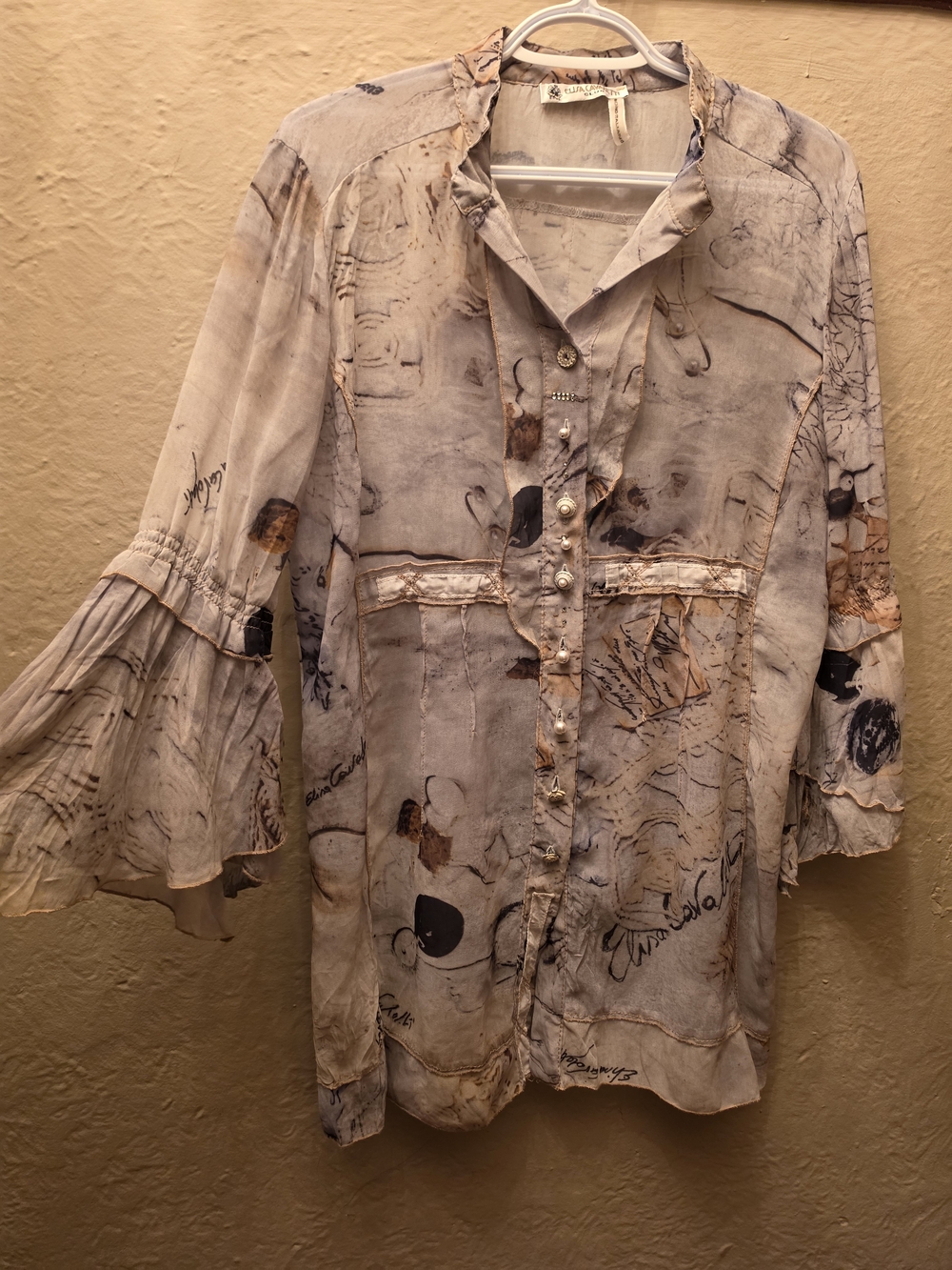Elisa Cavaletti Club Art Print Embellished Bell Sleeve Tunic Blouse
